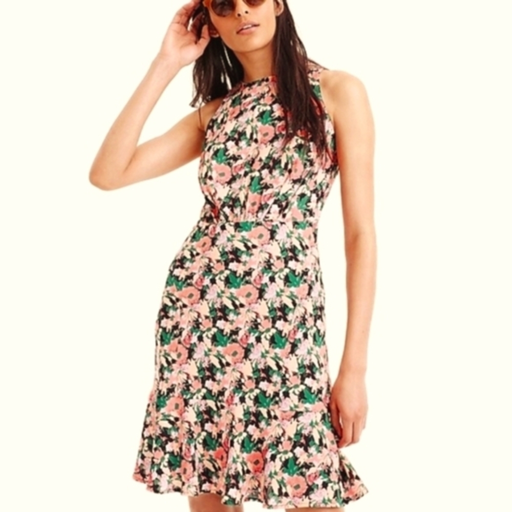 J. Crew Mercantile Floral Sleeveless Flounce Hem Dress Black Pink Size 14
